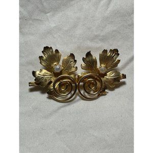 Vintage Brushed Gold Spiral Design Double Leaf Faux Pearl Brooch